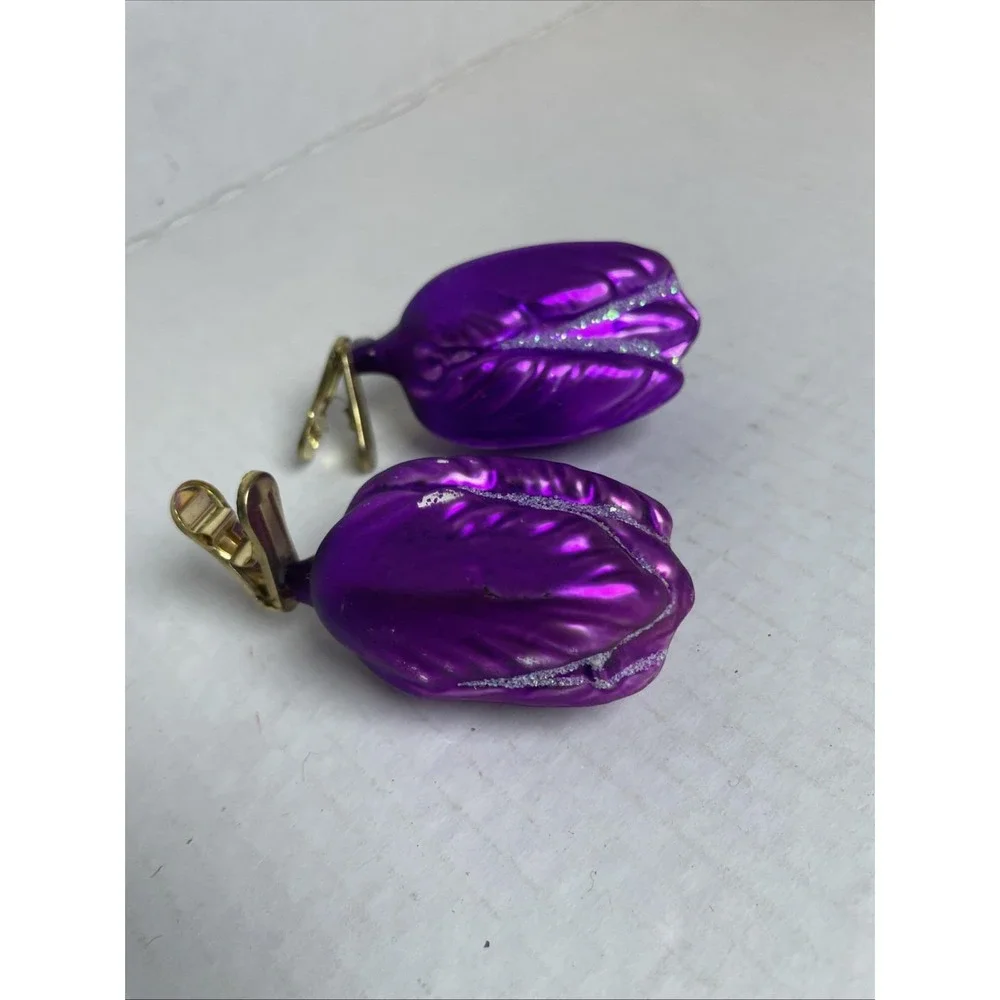 VTG. 2 Clip On Purple Roses with Glitter Blown Glass Ornaments Made in Germany